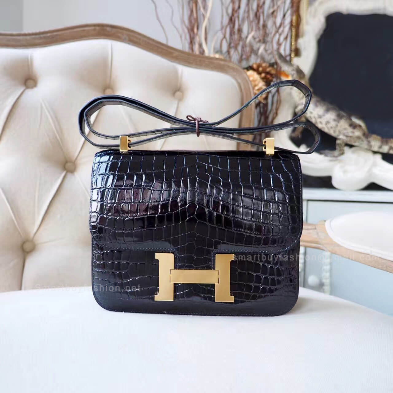 Hermes Constance 23 Bag in ck89 Noir Shiny Nile Croc GHW